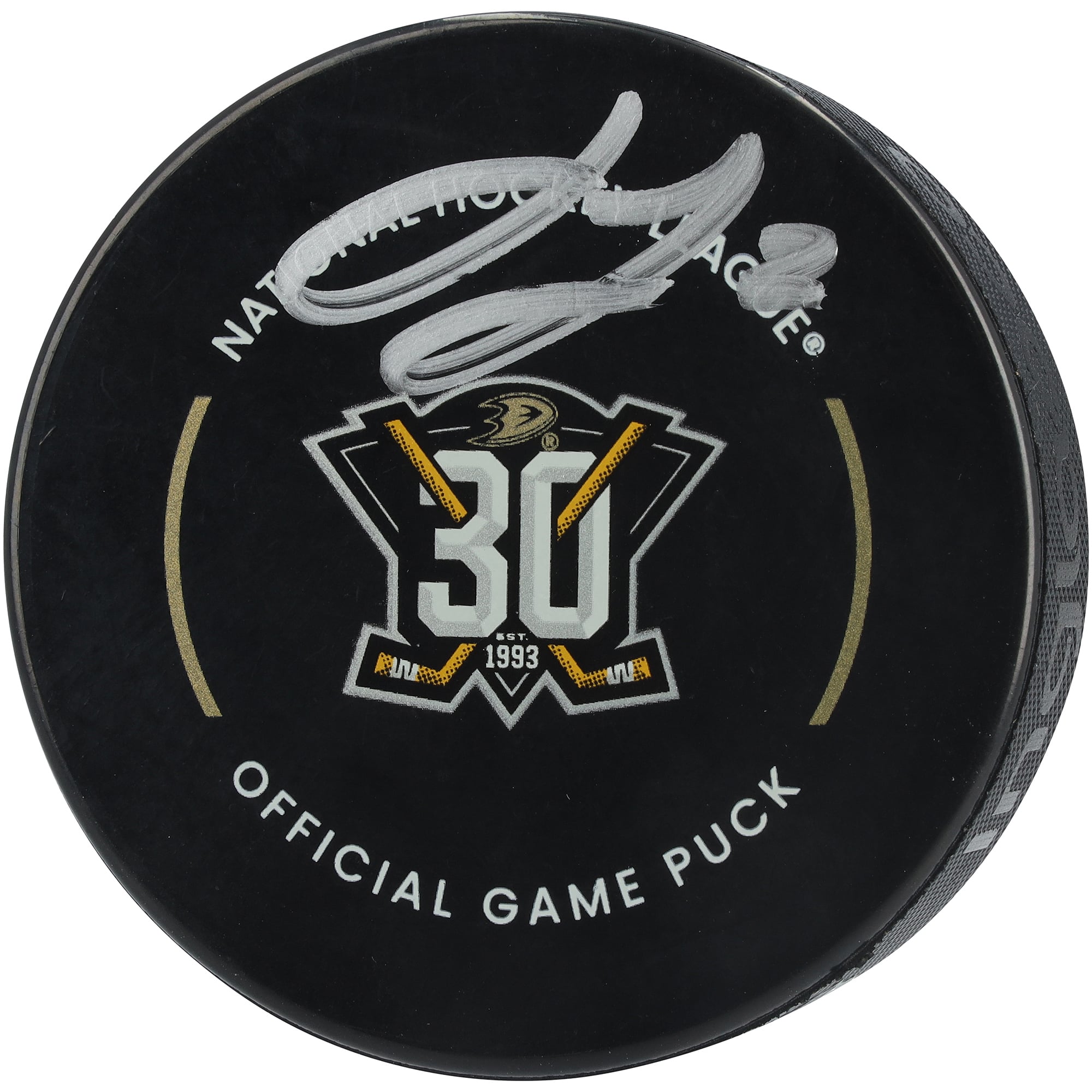 Jackson LaCombe Anaheim Ducks Autographed 30th Anniversary Official Game Puck Jackson LaCombe Anaheim Ducks Autographed 30th Anniversary Official Game Puck